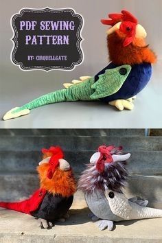 three different types of stuffed animals sitting on concrete steps with the words free sewing pattern below