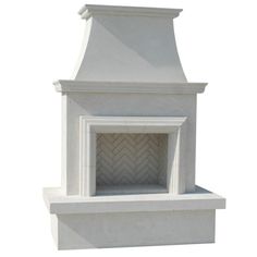 a white fireplace with a herringbone pattern on the top and bottom, against a white background