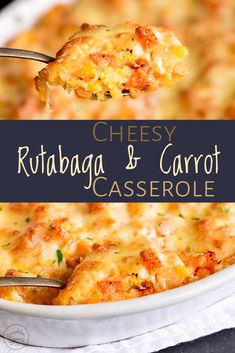 cheesy rutabaga and carrot casserole in a white dish