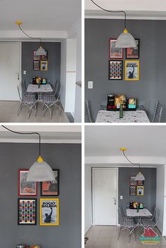 four different pictures of a dining room and living room with gray walls, white tile flooring and yellow accents