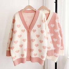 Jacket Trend, Ulzzang Korea, Heart Cardigan, The Cardigans, Girls Heart, Pink Knit Sweater, K Fashion, Knitting Women Cardigan, Cute Cardigans