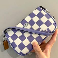 Nwt Coach Nolita 19 With Checkerboard Print Silver/Light Violet/Chalk Printed Coated Canvas And Recycled Leather Two Credit Card Slots Inside Multifunction Pocket Zip-Top Closure, Fabric Lining Handle With 6 1/4" Drop 7 1/2" (L) X 4 1/2" (H) X 2" (W) Style No. Cr394 White Coach Shoulder Bag For On-the-go, Trendy White Coach Bags, Coach White Pouch Shoulder Bag, White Rectangular Coach Shoulder Bag, White Coach Pouch Shoulder Bag, White Coach Pouch Bag, Coach Square Bag For Daily Use, Square Coach Bag For Daily Use, White Coach Bag For Daily Use