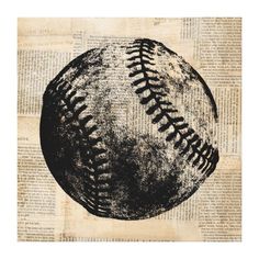 a black and white image of a baseball on top of an old book page with newspaper pages in the background