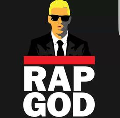 the rap god logo with a man in a suit and sunglasses on it's head