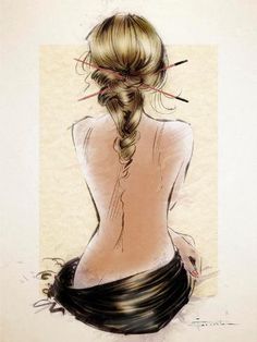 a drawing of a woman's back with her hair in a braid and scissors