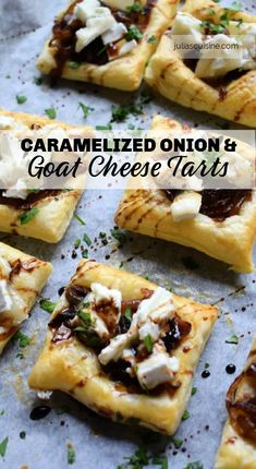 caramelized onion and goat cheese tarts on a sheet of baking paper with text overlay