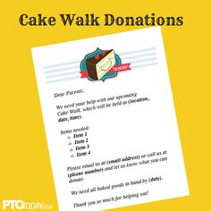 a piece of paper with the words cake walk donations on it