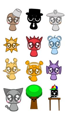 an image of cartoon characters with different expressions on their faces and body parts, all in various colors