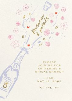 a bottle with confetti on it and the words please join us for kateine's bridal shower