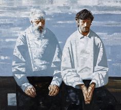 two men sitting next to each other in front of a blue and white sky with clouds