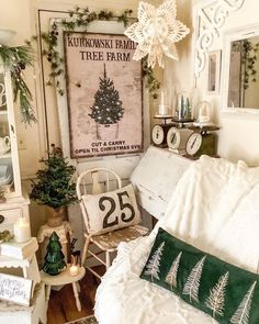 a bedroom decorated for christmas with white furniture and green decorations on the walls, along with an evergreen tree farm sign