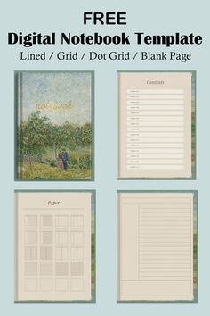 the digital notebook template is shown in four different colors and sizes, including one for each page