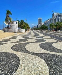 an empty street with cobblestones and palm trees