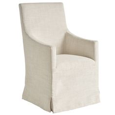 an upholstered chair with a white fabric back and arms, viewed from the front