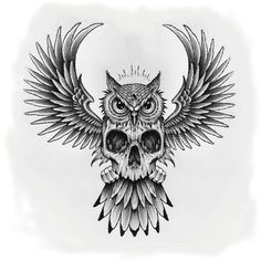 an owl skull with wings on it's head is shown in black and white