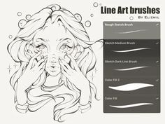 a drawing of a woman's face with her hands covering her eyes and the words line art brushes by elmi