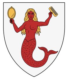 a woman holding a brush and comb standing in front of a shield with a mermaid on it