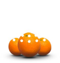 four oranges with white dots on them sitting in front of a white background,