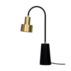 a black and gold lamp on a white background with the light turned off to show it's dim lighting