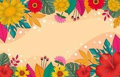 colorful flowers and leaves on a beige background with space for your text or image in the center