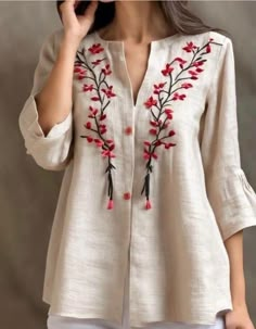 Cotton Tops Designs, Linen Style Fashion, Hand Embroidery Dress, Kurti Embroidery Design, Cotton Kurti Designs, Garden Design Ideas, Kurti Designs Party Wear, Kurta Designs Women, Designer Dresses Casual