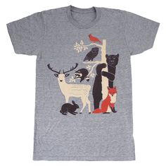 GNOME ENTERPRISES | Handprinted in Brooklyn, New York. Our Forest Friends shirt( featuring a bear, a fox, a deer, an owl, a raccoon, and a cardinal bird) is printed by hand on a high quality, sweatshop-free, vintage inspired tri-blend tshirt. It's super soft so it already feels like your very favorite tee. - Vintage fit and feel - 50% poly | 25% rayon | 25% cotton - Color: athletic gray Please take a moment to review our size chart before placing your order: Unisex Sizes | Chest / Waist SM | 34- Owl Bear, Fox And Rabbit, Shirt Design Inspiration, Girl Toddler, Friends Tshirt, Forest Friends, Racoon, Animal Tshirt, Grey Tee