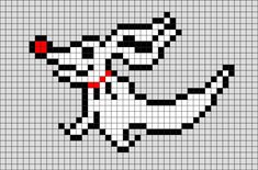 a cross stitch pattern that looks like a dog with red eyes and tail, on a gray background