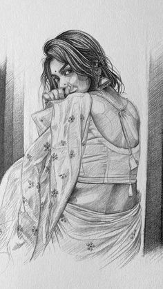 a pencil drawing of a woman with her hand on her face looking out the window