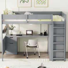 a loft bed with desk underneath it in a room that has white walls and flooring