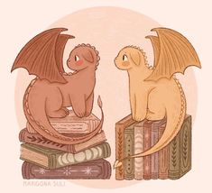 two dragon figurines are sitting on top of books and one is looking at the other