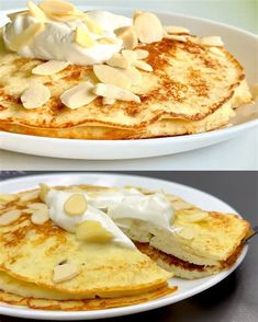 two pictures of pancakes with whipped cream on top and almonds on the bottom side