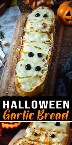 this halloween garlic bread is loaded with black olives and cheese