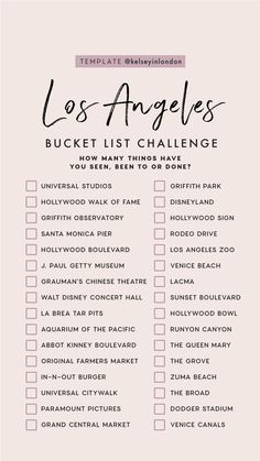 the los angeles bucket list is shown in pink