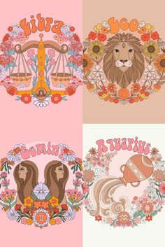 four zodiac signs with flowers and animals on them, one is libra the other is leo