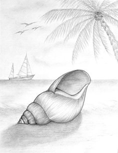 a pencil drawing of a seashell and sailboat on the ocean with palm trees