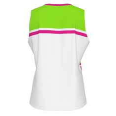 a women's white and green top with pink trims on the bottom half