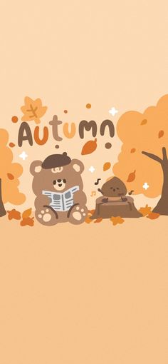 two teddy bears are sitting in the fall leaves and one is reading a book with an autumn message above them