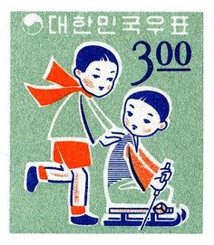 a stamp with an image of two boys on a scooter and the words,