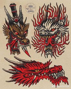 two red and black dragon tattoos on white paper