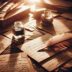 some old letters and ink bottles on a table with a quill, pen and inkwell