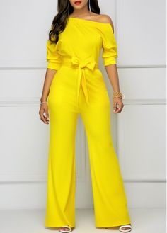 Skew Neck Half Sleeve Belted Yellow Jumpsuit | modlily.com - USD $32.32 Yellow Jumpsuit, Maxi Skirts