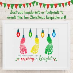 a christmas card with three handprints hanging from the string, and text just add handprints or foot prints to create this fun christmas keeps art