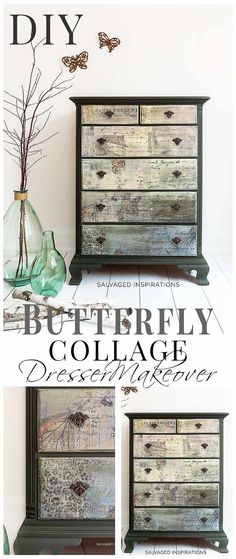 an old dresser with butterflies painted on it and the words, butterfly collager