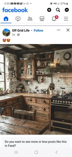 an old kitchen with wooden cabinets and white brick walls, is featured on facebook for the first time