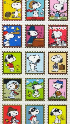 peanuts postage stamps with snoop's characters on them, all in different colors and sizes