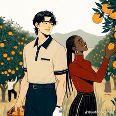 a man and woman standing next to each other near an orange tree filled with oranges