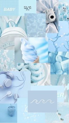 a collage of blue and white items with the word baby on it's side