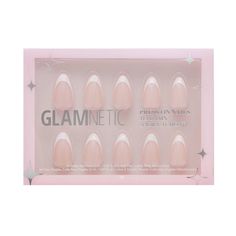 Glamnetic's Press-On Nails are meant to last up to 2 weeks with each set crafted from high-quality materials to prevent bending/splitting. The Ma Damn Nail Set features a short almond shape, with a classic white french tip and a natural finish perfect for all occasions. How to use: Remove any previously applied nail polish. Wash and dry hands. Gently push back cuticles using the cuticle stick and sanitize nails with alcohol pads. Size Glamnetic nails by placing on finger and select sizes best su Ulta Press On Nails, Press On Nails Natural, Good Press On Nails, Nails Stick On, Press On Nails Glamnetic, Oval Press On Nails, Press In Nails Packaging, Gel Stick On Nails, Acrylic Nails Press On