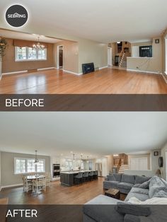 before and after pictures of a living room remodel in an open floor plan