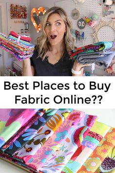 a woman holding fabric in her hands with the words best places to buy fabric online?